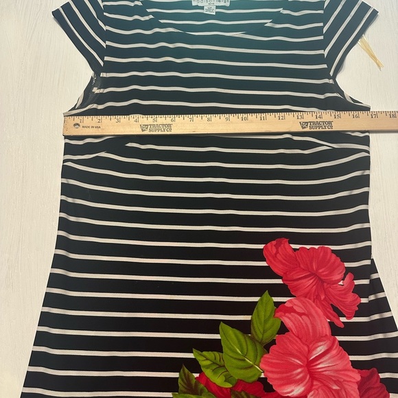Madison Leigh Petite 12P Striped Floral Dress Black White Pink Cap Sleeve - Picture 2 of 9
